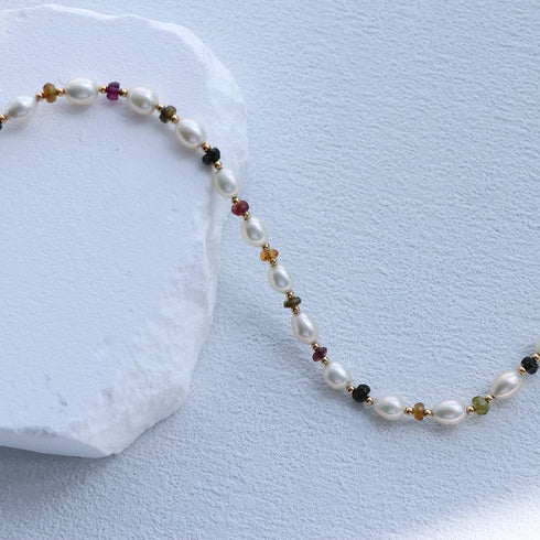 Colorful Gemstones Rice Pearls Beaded Necklace - Bohemian Romantic Chic